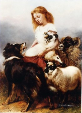 動物 Painting - 群れのラッシー羊飼いと犬